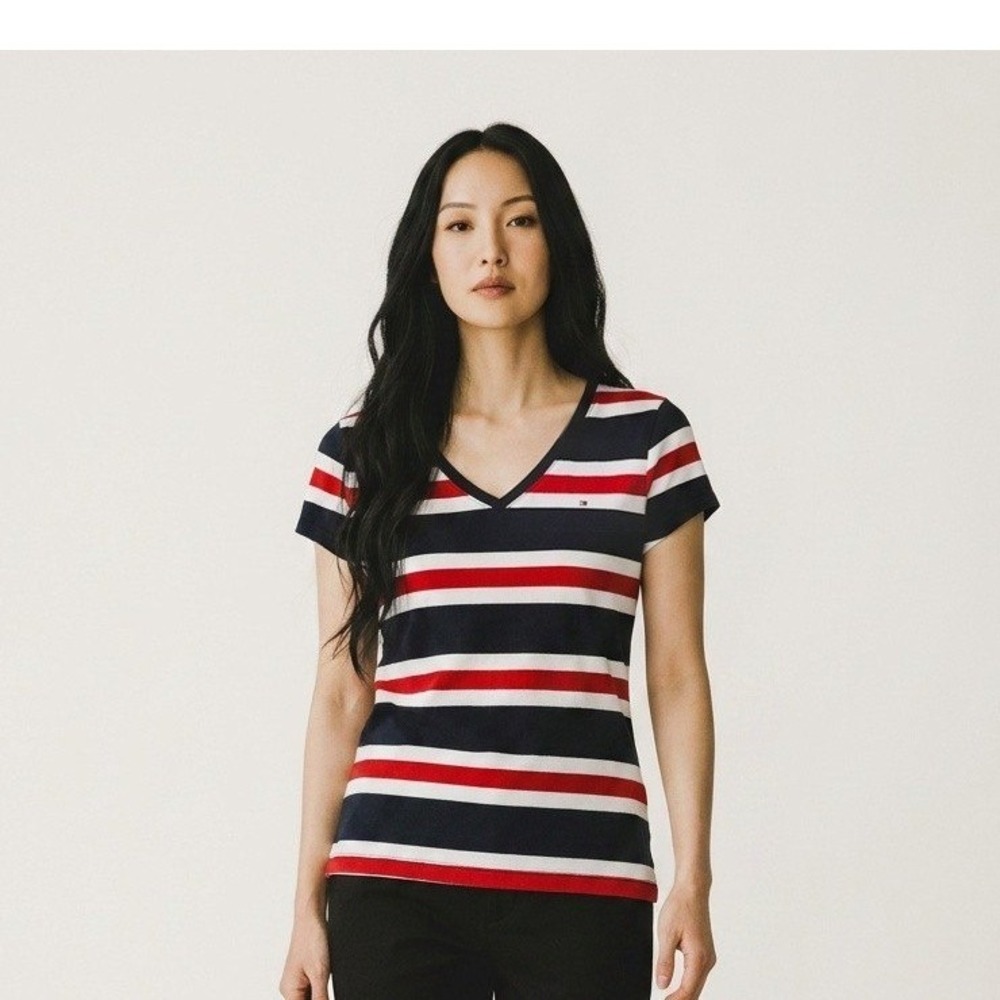 Tommy Hilfiger Womens V-Neck Striped Short Sleeve Tee Navy Red White Blue Large